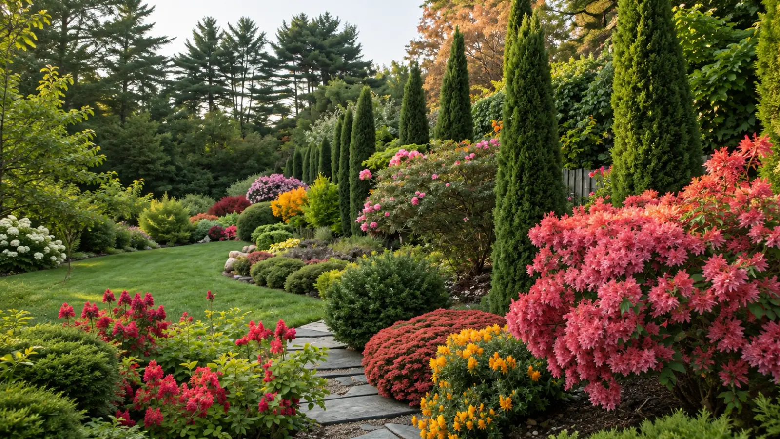 Backyard wildlife garden with layered trees, shrubs and flowering plants, showing diverse vegetation that provides food and shelter for birds and other animals