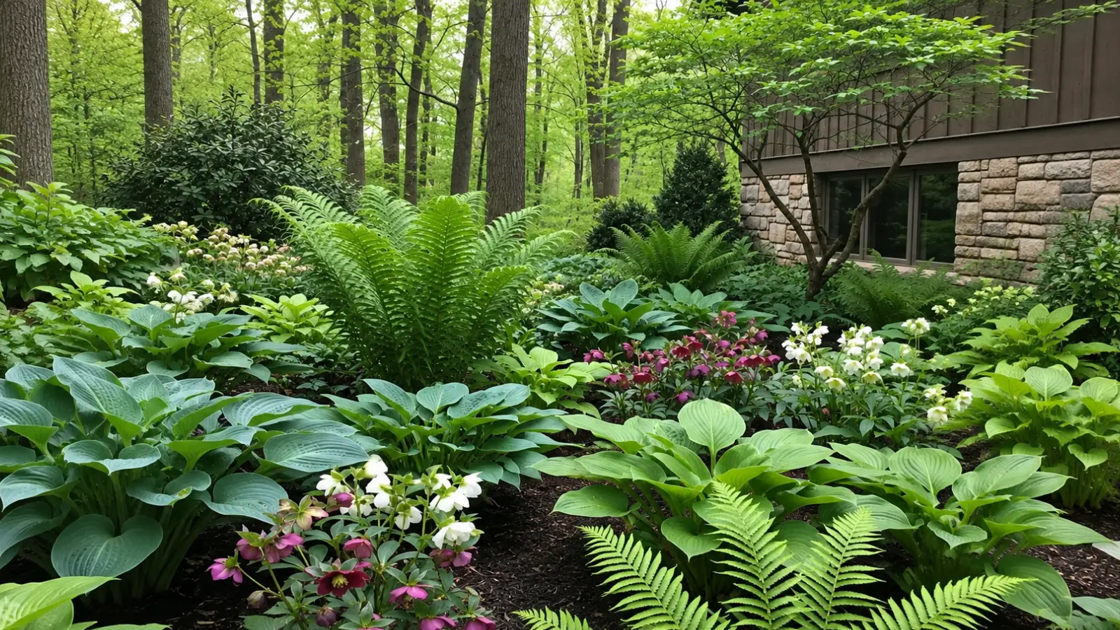 Woodland garden with hostas, ferns and flowering perennials growing in dappled shade beneath mature trees
