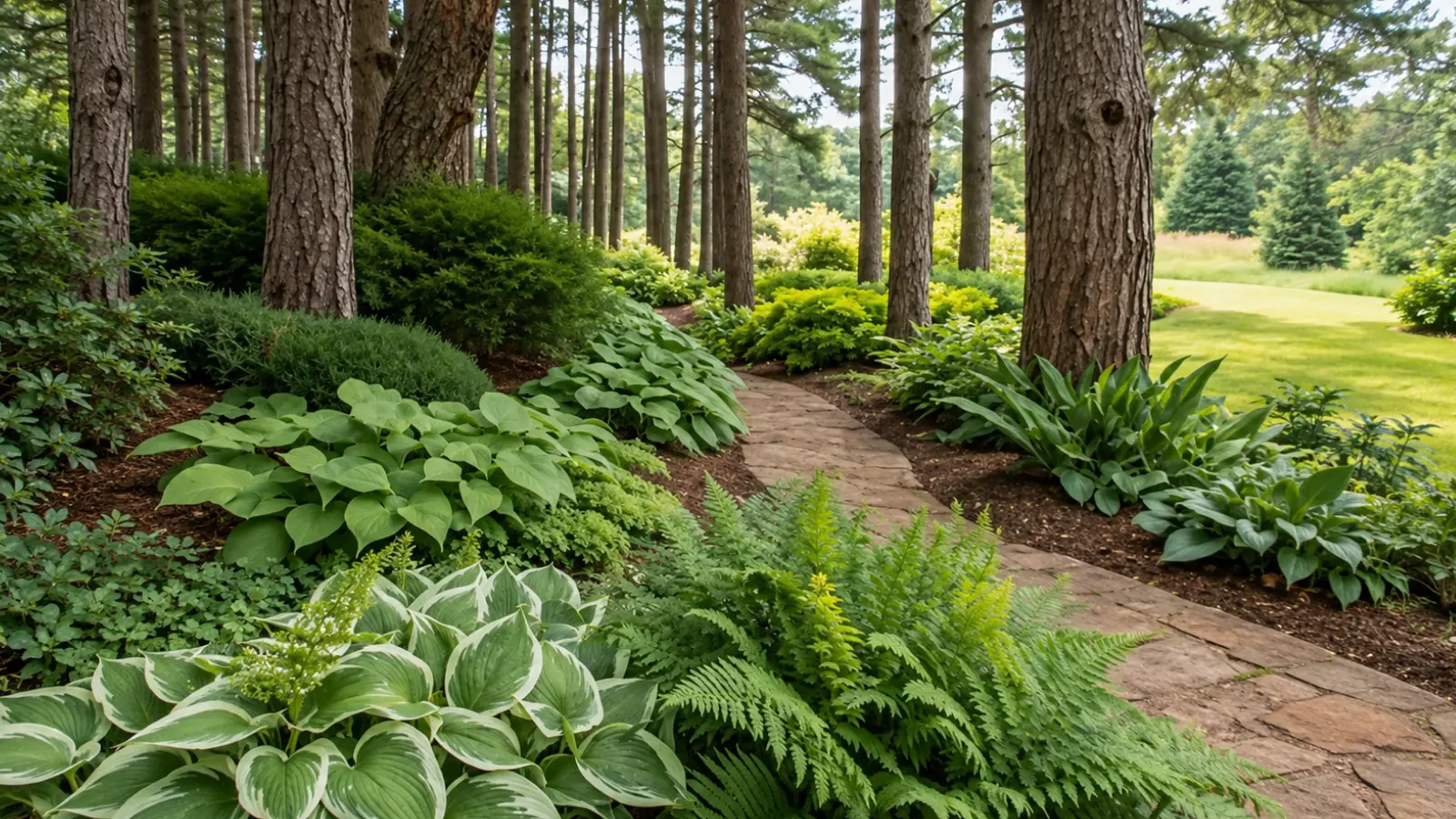 Woodland garden path bordered by hostas, ferns and layered greenery beneath tall pine trees