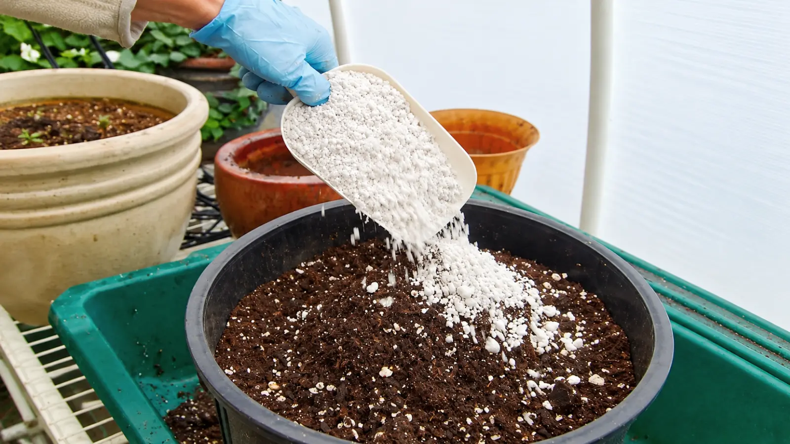 Gardener wearing a blue glove pouring white perlite from a plastic scoop into a large black container filled with dark potting soil, demonstrating how perlite is added to growing mixes
