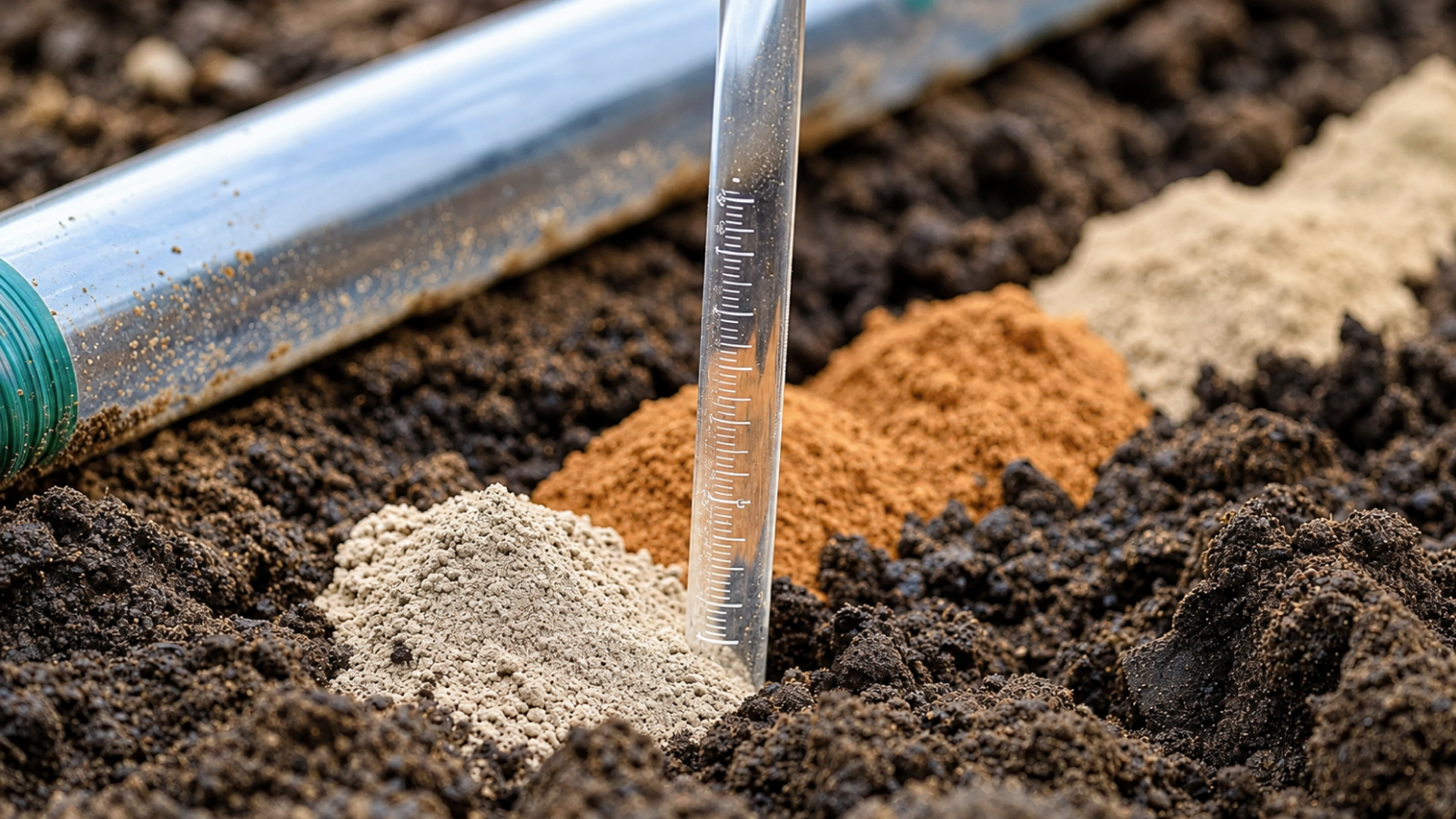 Close-up of dark garden soil with separate piles of light beige and reddish-brown fine mineral material, a transparent graduated measuring tube standing upright and a larger cylindrical container resting in the background