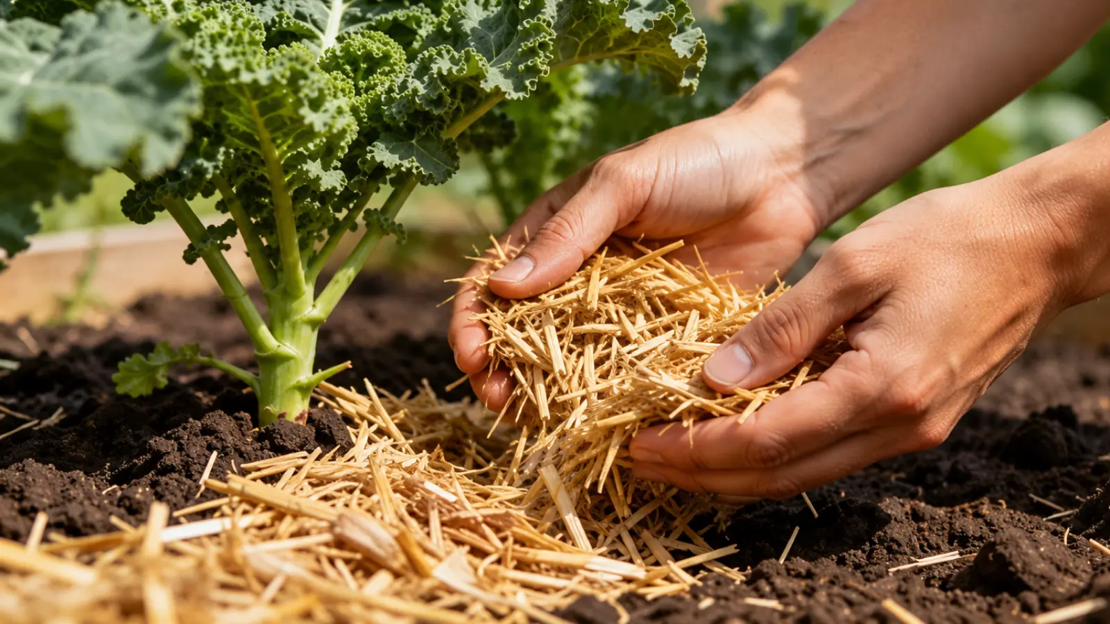 Close-up of a gardener spreading golden straw mulch around the base of a leafy green kale plant growing in a vegetable garden, creating a protective layer over the soil to help conserve moisture