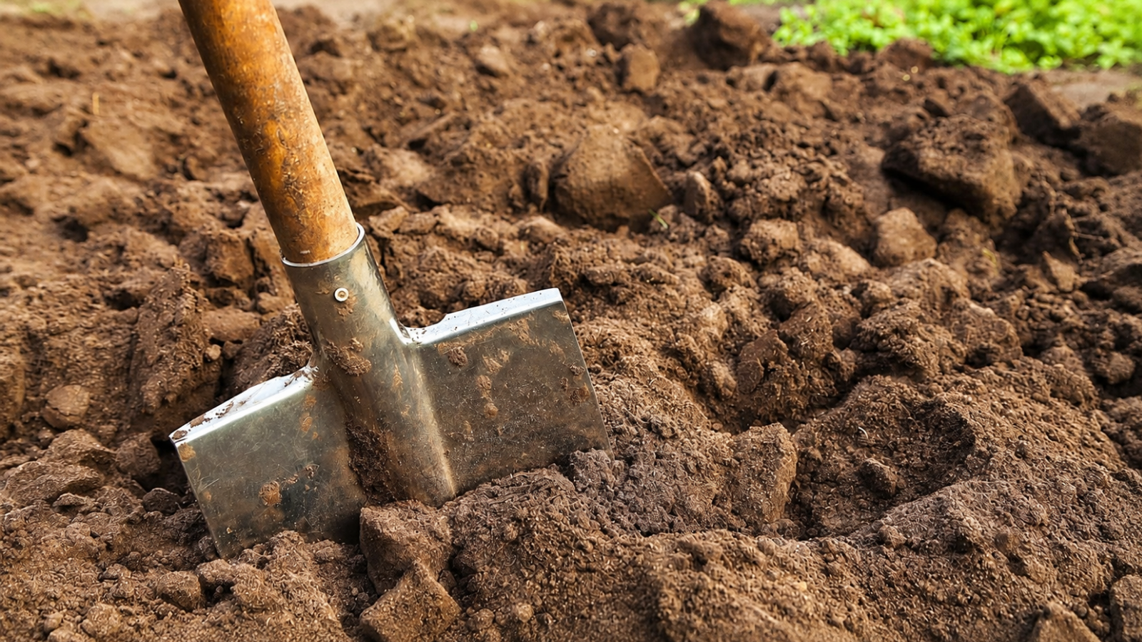 Metal garden shovel with a wooden handle partially buried in dry, compacted brown soil containing large, dense clumps and hard aggregates, illustrating the heavy structure of clay-rich garden soil