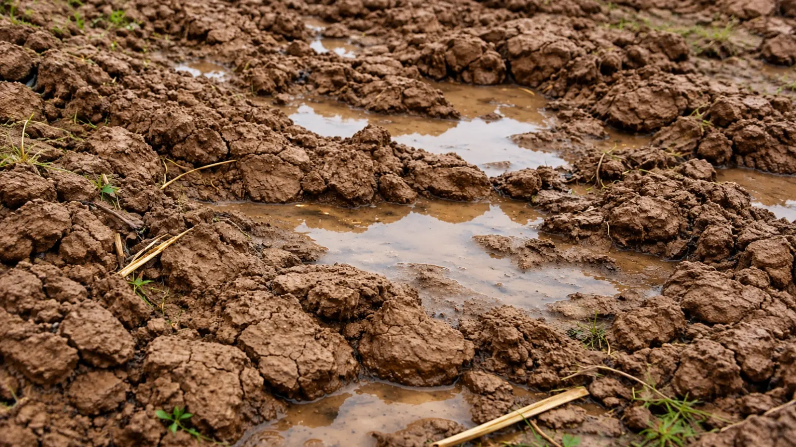 Close-up of heavy brown clay soil with large compacted clods and shallow puddles of muddy water collecting between uneven soil surfaces, illustrating drainage problems in clay-rich garden soil