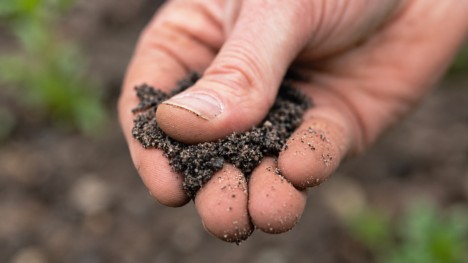 Close-up of a person's fingers holding a small amount of dark, coarse granular soil, with individual sand-like particles visible against the skin and a softly blurred outdoor garden background
