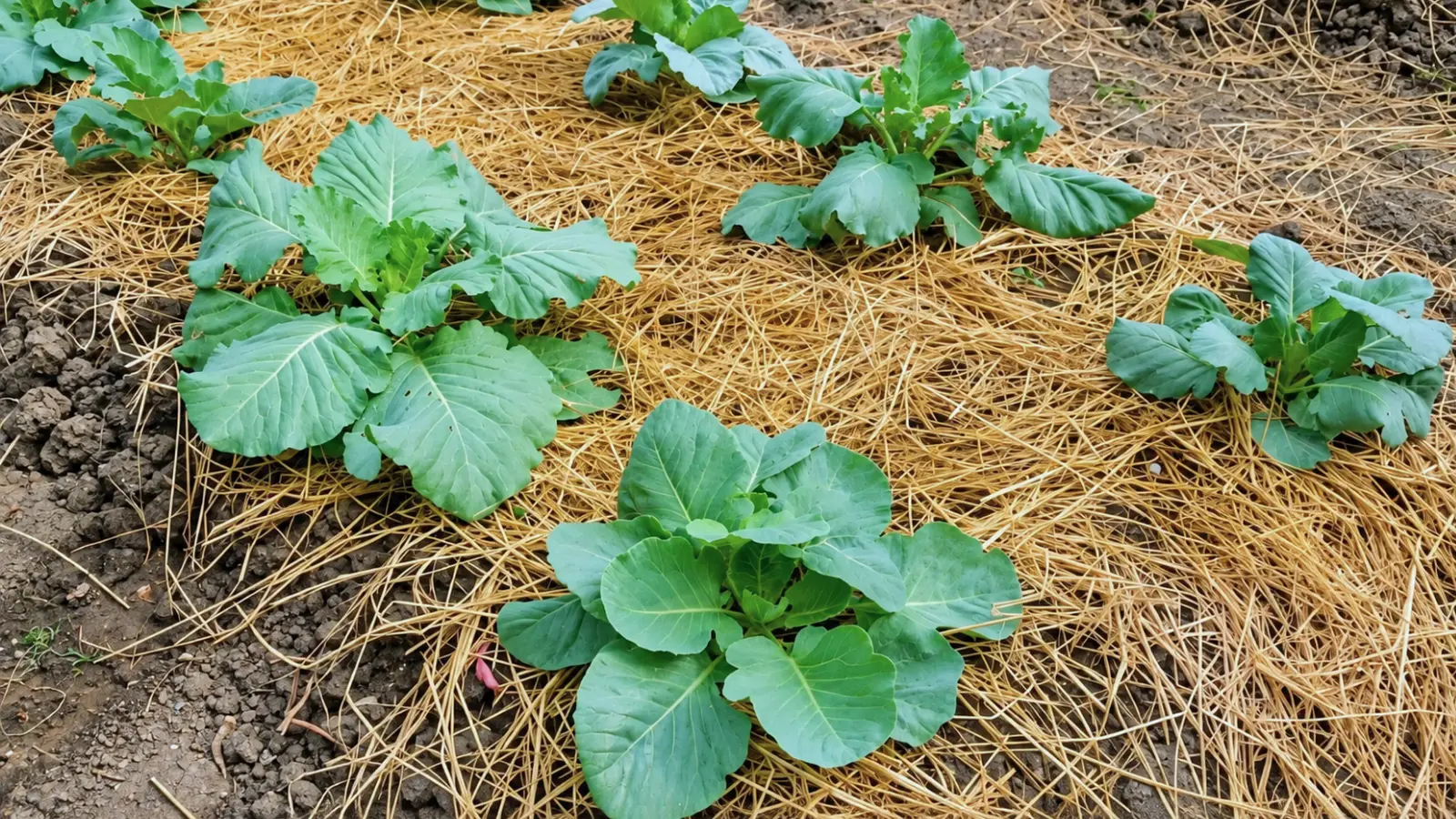 Young leafy green vegetable plants growing in a garden bed covered with golden straw mulch, with exposed soil visible between the planted rows