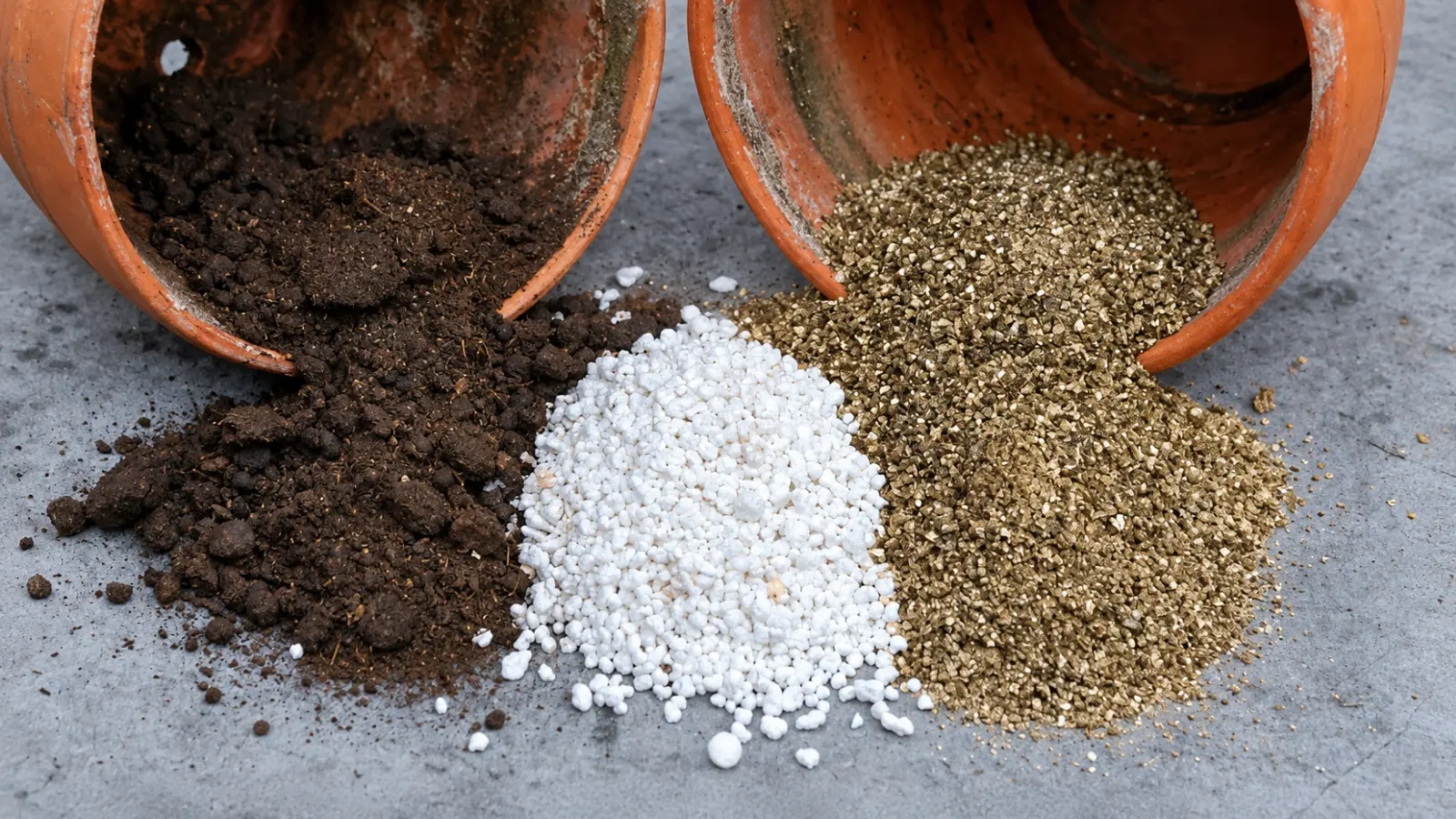 Three piles of growing medium ingredients arranged on a gray surface, showing dark organic potting material, white perlite granules and golden vermiculite beside terracotta pots
