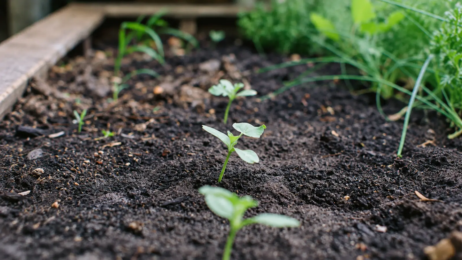Several young green seedlings growing in a raised garden bed filled with dark, loose soil, with a small leafy plant in sharp focus at the center, additional seedlings in the background and established greenery along the wooden garden border