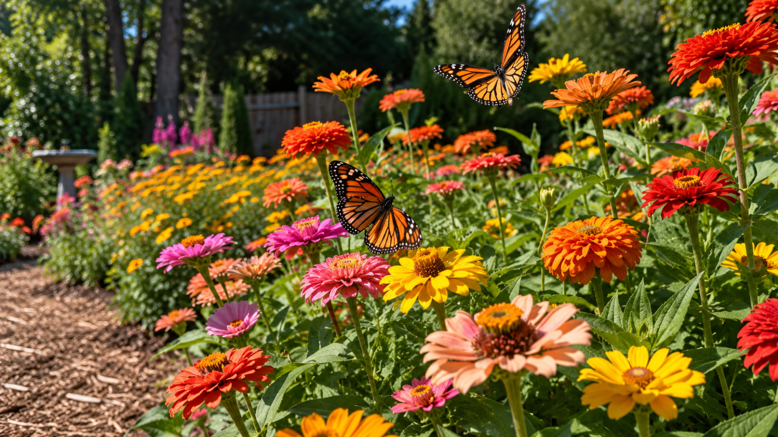 Butterflies feeding among colorful nectar flowers in a garden, showing how nectar-rich planting helps create a vibrant habitat that attracts adult butterflies