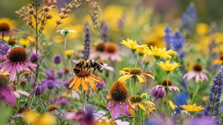 Colorful flower garden with bees and pollinator plants