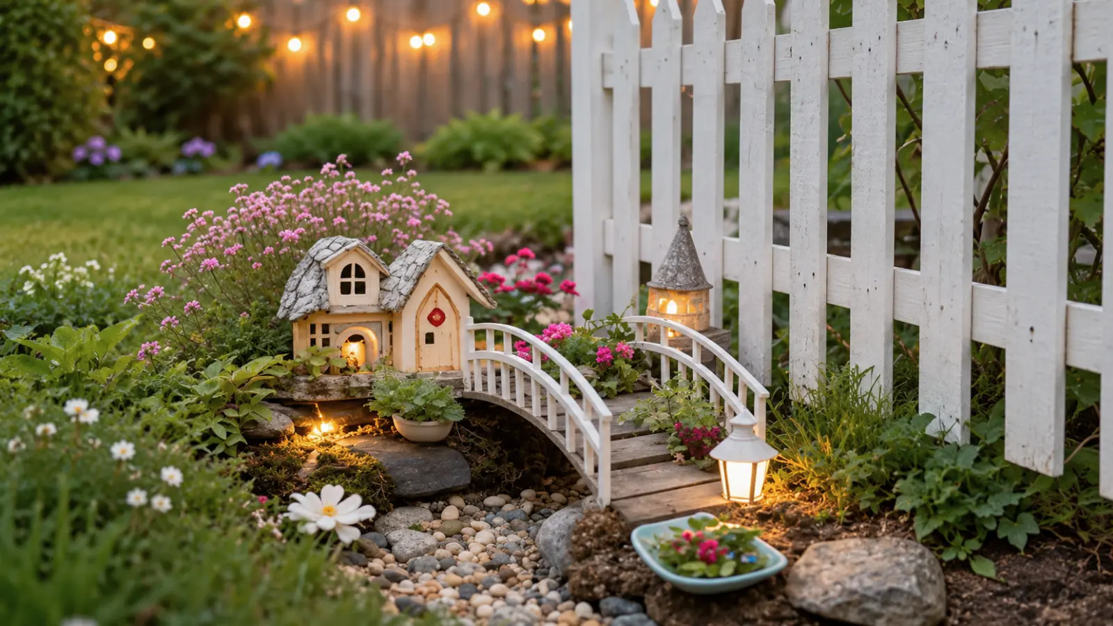Fairy garden with a miniature cottage, white bridge, tiny lanterns, flowering plants and a pebble stream arranged beside a white picket fence at dusk