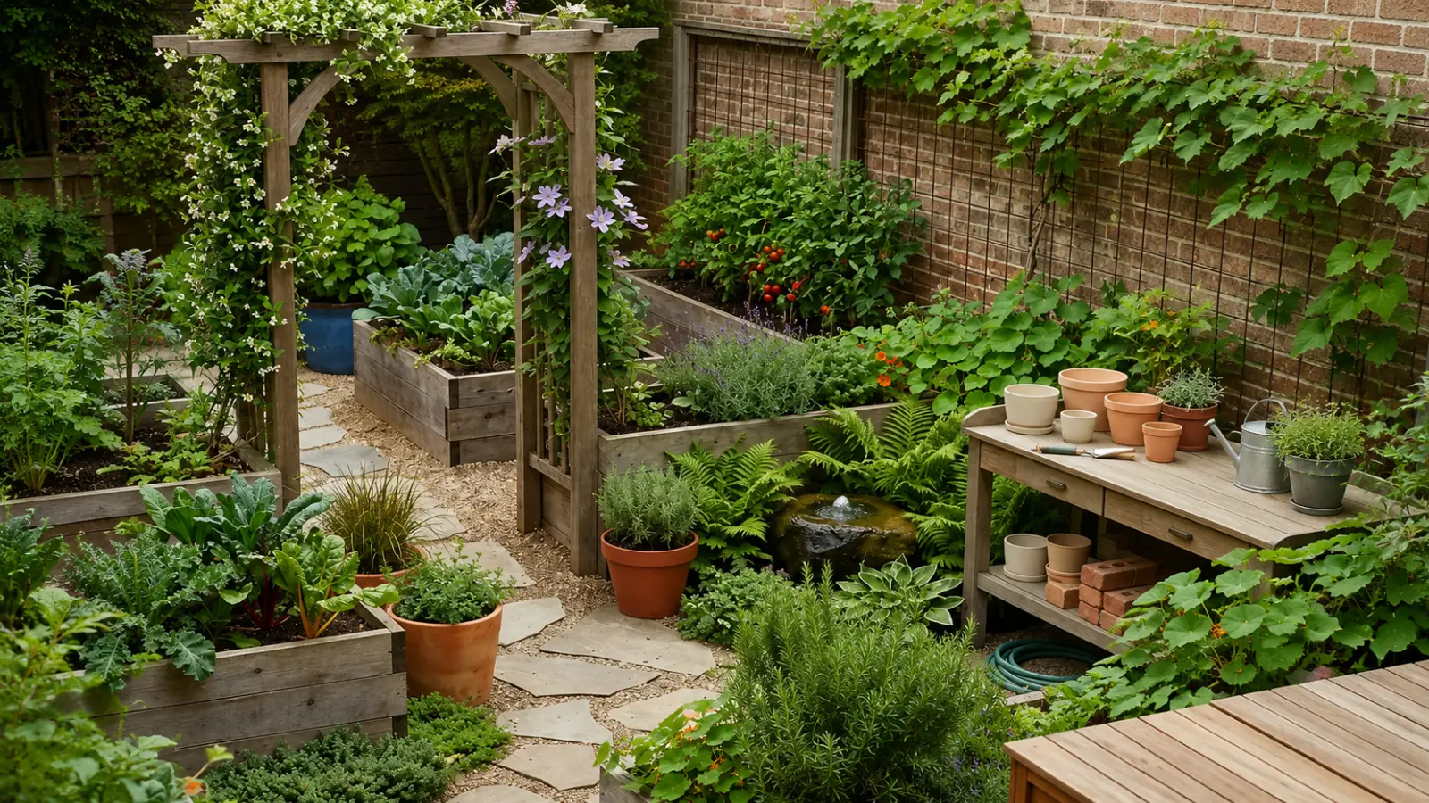 Backyard garden arranged with raised beds, pathways, trellises and distinct planting areas, showing how a practical garden layout improves access, organization and use of space