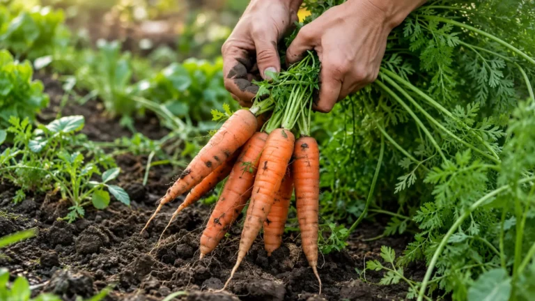 Gardener harvesting fresh carrots from a vegetable garden