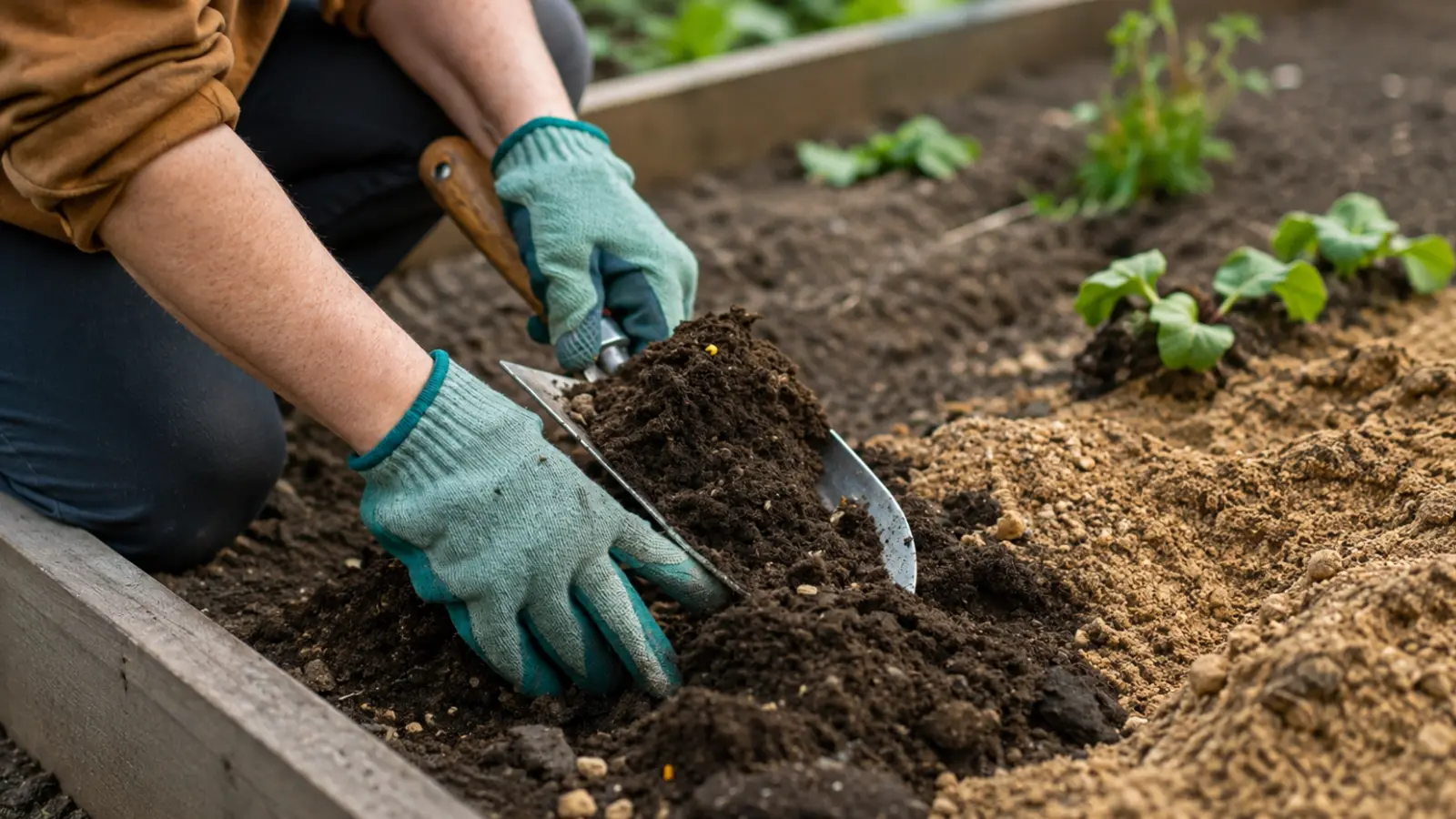 Gardener mixing compost into raised bed soil with a hand trowel, showing soil preparation and one of the first essential steps for starting a garden