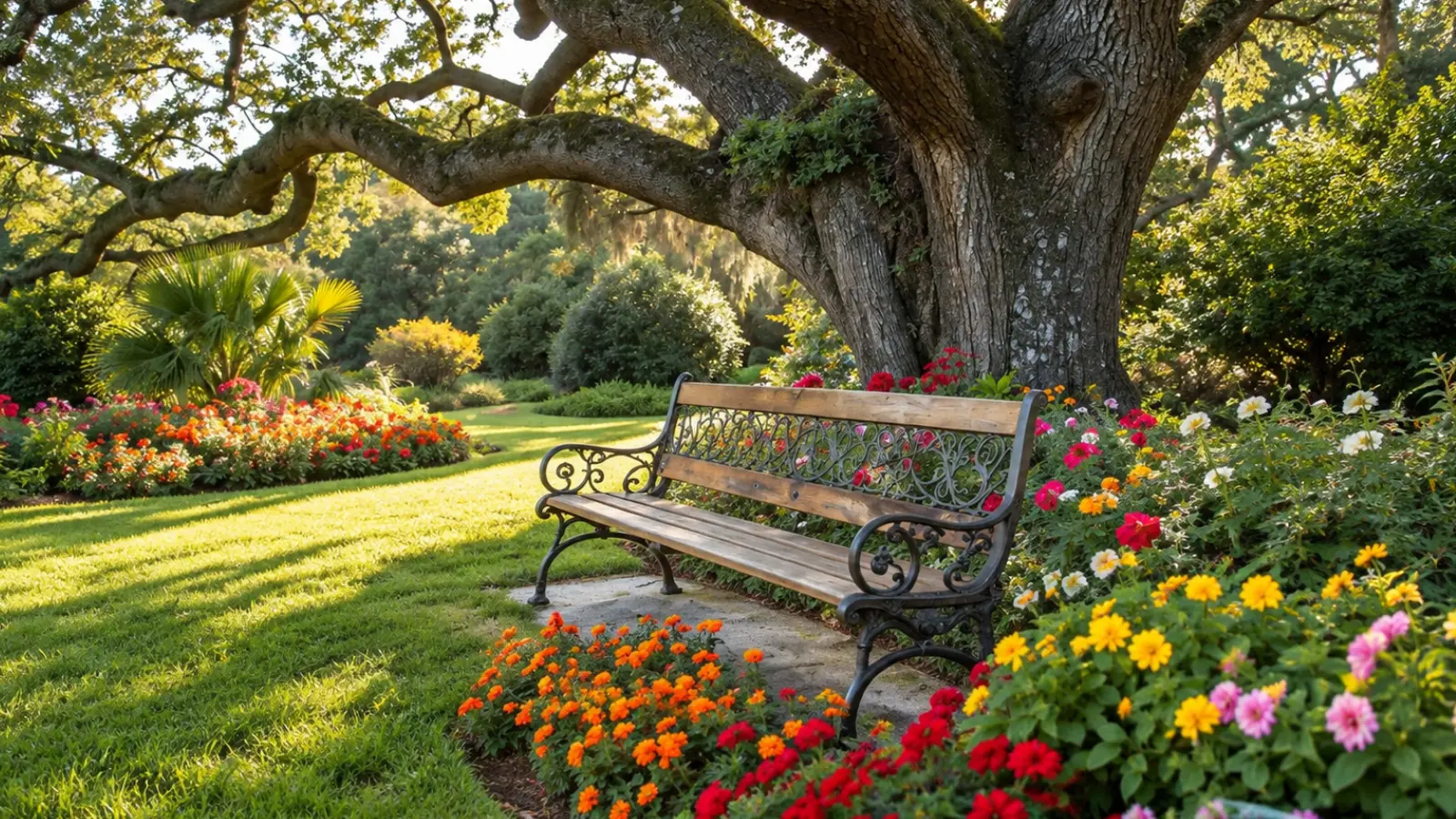 Peaceful memorial garden with a wooden and iron bench beneath a large mature shade tree, surrounded by colorful flowers, lush greenery and a quiet lawn Memorial Garden: How to Create a Meaningful Place of Remembrance