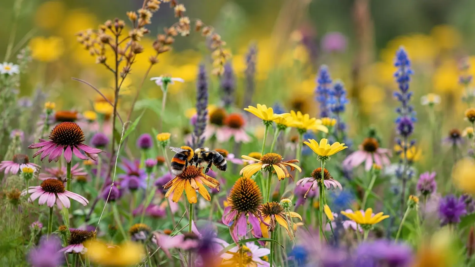 Bumblebees visiting coneflowers and diverse native wildflowers in a pollinator garden, showing a flower-rich planting that provides nectar and pollen Pollinator Garden Plants: A Native-First Guide to Flowers, Grasses, Shrubs and Trees