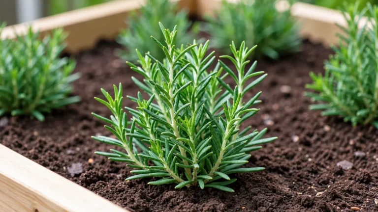 Rosemary herb growing in a raised garden bed