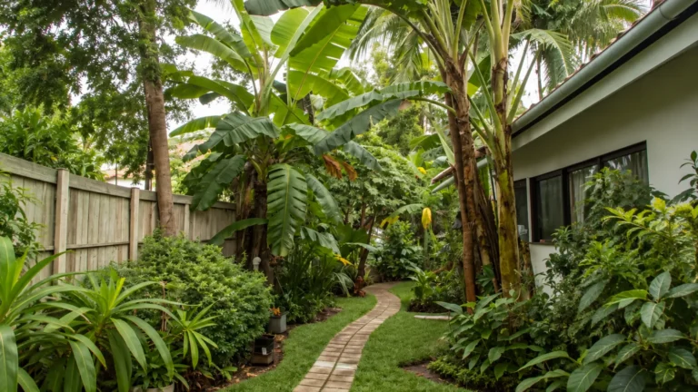 Tropical garden design with curved path and lush planting