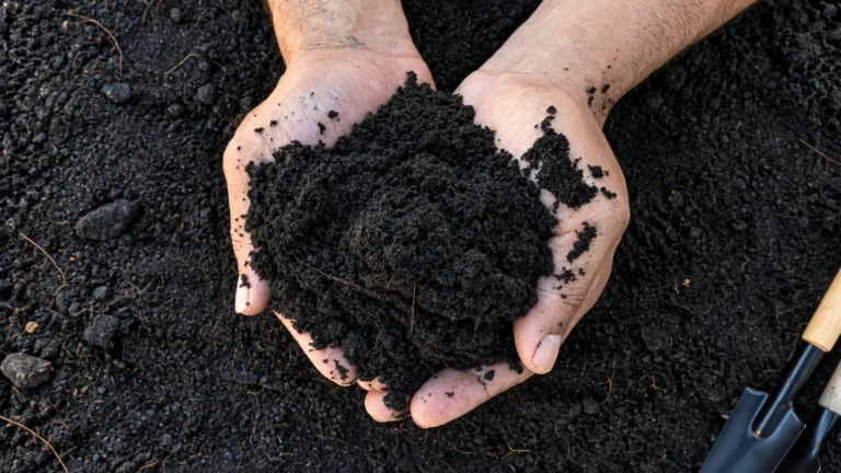 Close-up overhead view of two hands holding a generous amount of dark, crumbly garden soil above a soil-covered surface, showing loose aggregates, small organic fibers and a granular structure associated with well-structured loam soil Loam Soil: What It Is, Types and Why Gardeners Want It