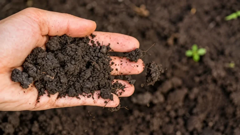 Close-up of a gardener holding dark, crumbly garden soil with visible granular particles and small clumps, illustrating soil texture and the importance of understanding soil structure for healthy plant growth Sandy Soil: How to Improve Water and Nutrient Retention